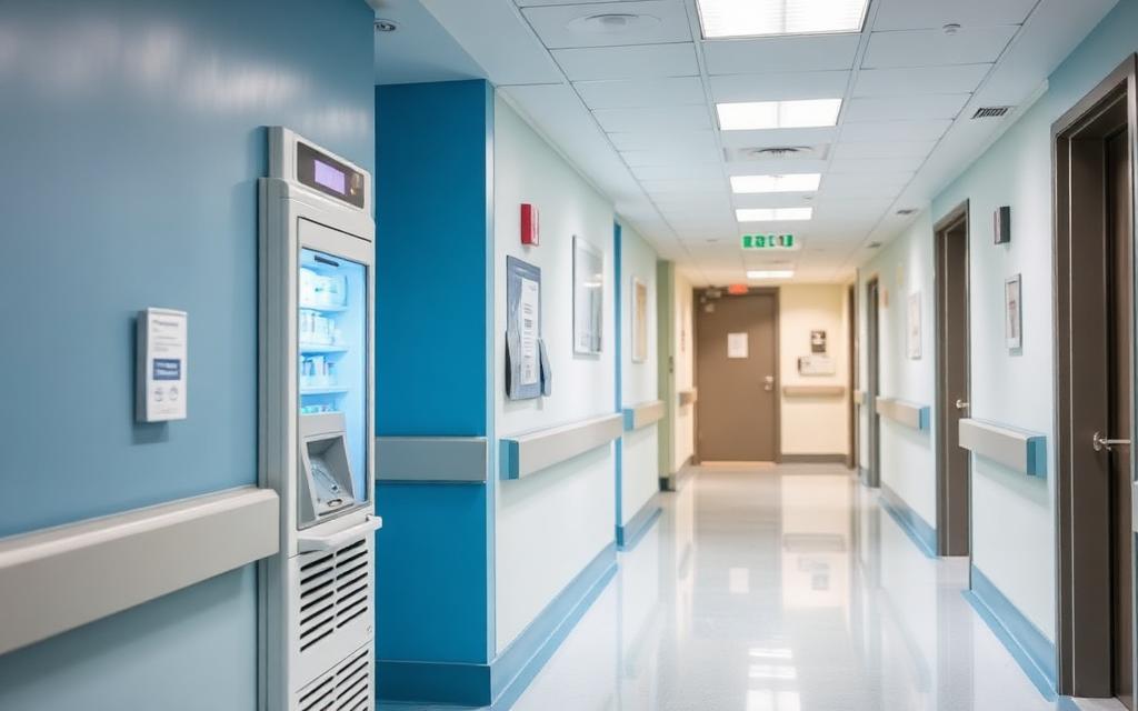 Healthcare facility hallway with ice machine