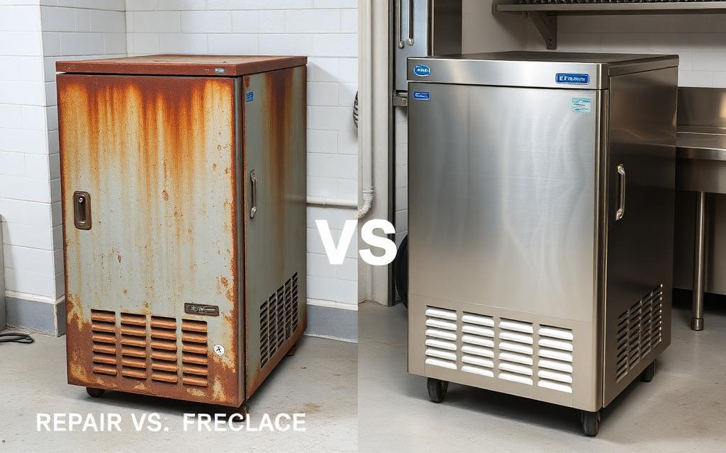 Old rusty ice machine next to new stainless steel machine