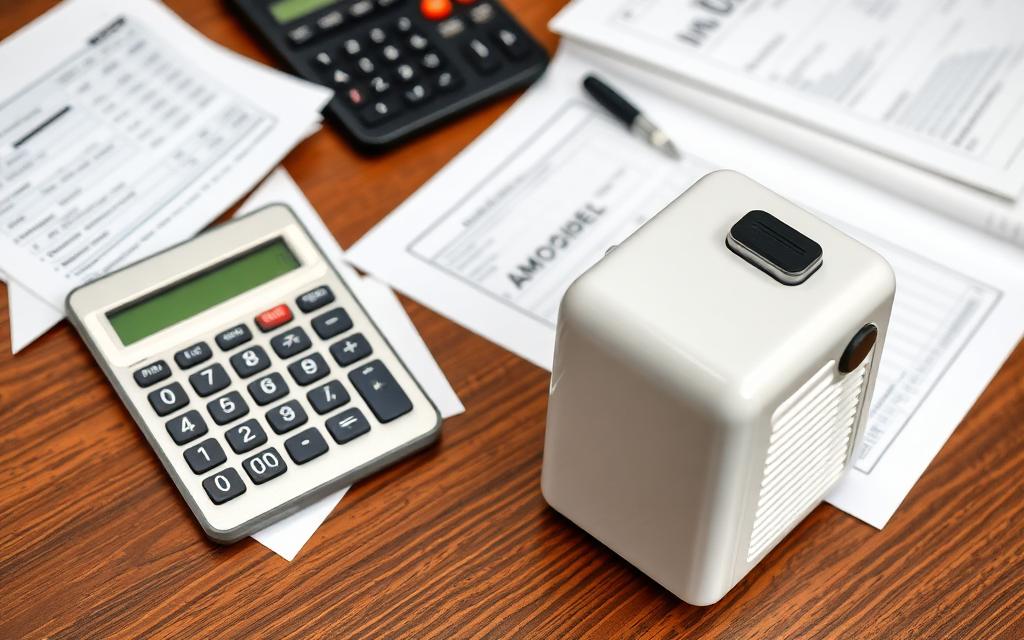 Calculator and financial documents with ice machine model