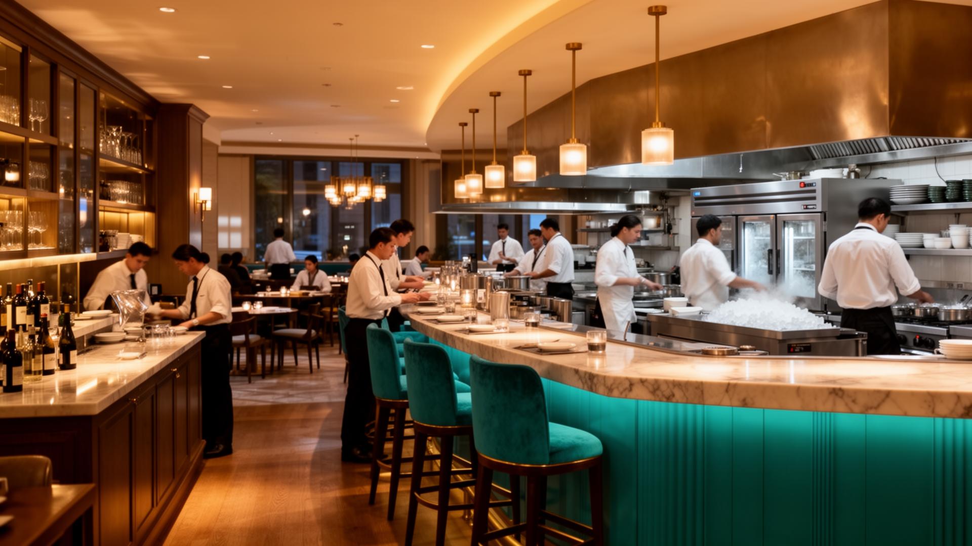 Busy restaurant and bar kitchen with staff